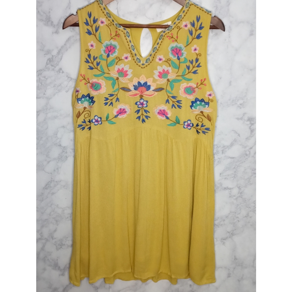 Umgee Boho Mini Dress Women M Green Floral Embroidery Relaxed Spring Casual